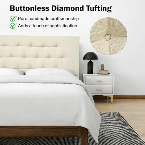 Miniatura 3 de Cabecera tapizada tamaño King, 75 x 23 pulgadas, fácil de montar en la pared, diseño moderno de lino con botones de diamante, color beige