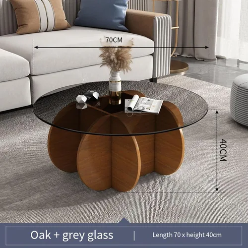 Miniatura 2 de HM&DX Mesa auxiliar redonda de cristal, base de madera maciza y parte superior de vidrio templado transparente, mesa auxiliar de café, mesa central