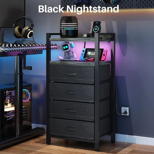 Miniatura 5 de Kitstorack Mesita de noche con estación de carga y luz LED, mesita de noche negra con cajones, mesita de noche alta, 4 cajones de tela