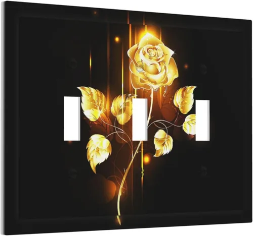 Miniatura 2 de Cubiertas de placa de pared de 3 gang con interruptor de luz de triple palanca, en negro y dorado con esplendor de oro rosa, estampado floral