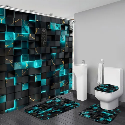 Miniatura 7 de LQCOOL Juego de 4 piezas de cortina de ducha azul con cubos 3D, juegos de baño, juego de cortina de ducha moderna para juegos de baño con alfombras