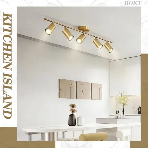 Miniatura 8 de BOKT Luminarias de pista LED de 5 luces para techo dorado moderno, foco de 5 direcciones, iluminación interior de pista lineal vintage de mediados 5