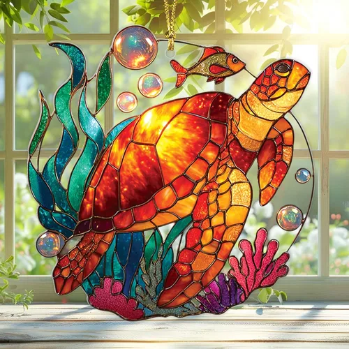 Adorno Colgante Plano 2D de Vidrio Manchado Falso de Tortuga de Acrílico, Adorno de Tortuga Marina, Adornos de Tortuga para Árbol de Navidad, Regalo