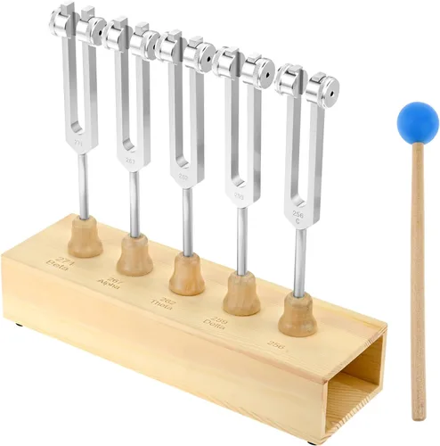 Miniatura 13 de Juego de diapasones 128Hz, 256Hz, 512Hz, instrumentos de sonido, diapasones Chakra con martillo, bolsa de almacenamiento y paño de limpieza, dorado