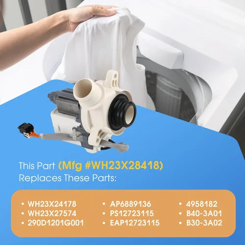 Miniatura 4 de OEM 290D1201G003 WH23X28418 Conjunto de bomba de drenaje de lavadora compatible con GE Hotpoint, reemplaza WH23X24178 WH23X27574 4958182 AP6889136
