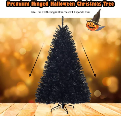 Miniatura 4 de Goplus Árbol de Navidad negro sin luz de 7.5 pies, árbol de Halloween artificial con 1258 puntas de rama, soporte de metal, árbol completo