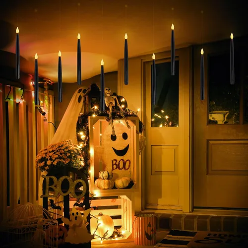 Miniatura 6 de Leejec 10 Piezas de Velas Flotantes de 10.8", Control Remoto de Varita Mágica con Temporizador de 6/18H, Decoraciones de Halloween, Velas Cónicas