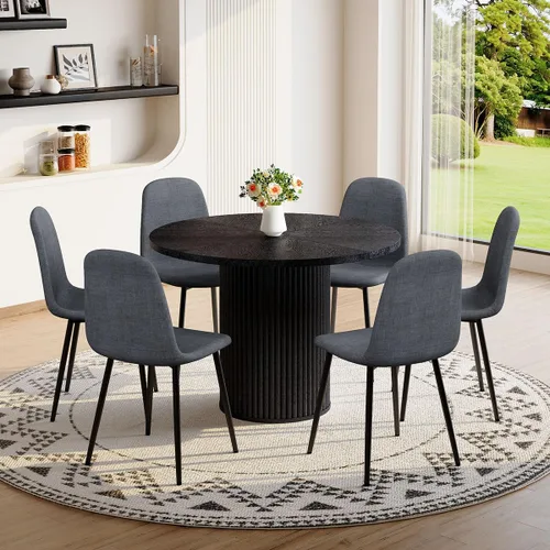 Miniatura 4 de Mesa de comedor redonda para 4-6, mesa de comedor negra con tablero de madera de 42'' y base de pedestal cilíndrico, mesa de cena redonda