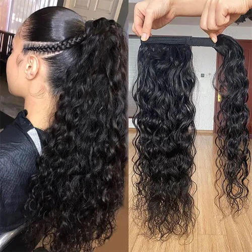 Miniatura 16 de Extensión de cola de caballo con cordón, cabello humano afro rizado para mujeres negras, extensiones de cabello virgen brasileño Remy Yaki