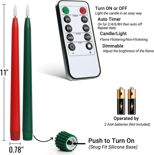 Miniatura 7 de Stmarry - Velas cónicas sin llama verdes y rojas con control remoto - Velas LED de 11 pulgadas con pilas, llama 3D realista con mecha, temporizador