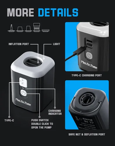 Miniatura 6 de Mini bomba de aire, bomba recargable portátil con batería de 1600 mAh, 5 boquillas, luz de campamento, inflado/desinflado rápido para inflables