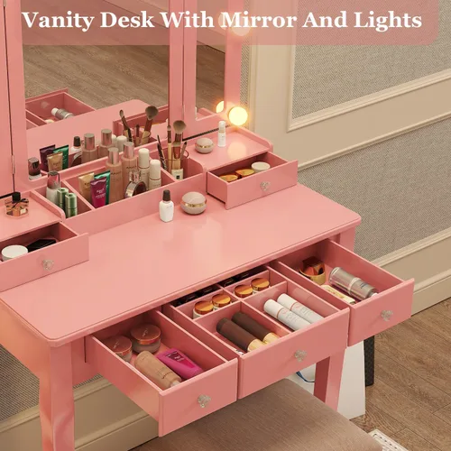 Miniatura 7 de YIXHQ Tocador con luces para niñas, juego de escritorio con cajones, tocador de maquillaje con espejo y luces, tocador de maquillaje rosa