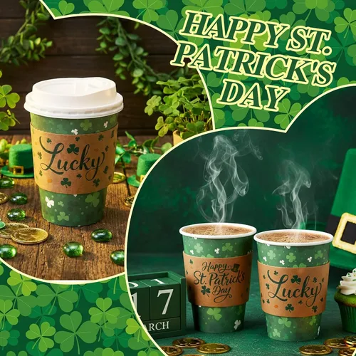 Miniatura 6 de Layhit Juego de 100 tazas de café desechables para el día de San Patricio con tapas y mangas, pajitas de 12 onzas con trébol verde para bebidas