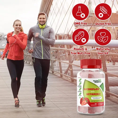 Miniatura 4 de Gomitas de complejo de vitamina B con sabor a fresa - Complejo B con vitamina C - Apoya el sistema nervioso y aumenta los niveles de energía - Ayuda