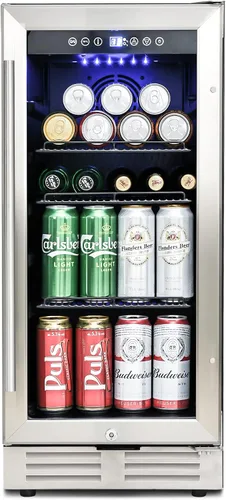 IOCCIOBB Mini refrigerador de 15 pulgadas, gabinete de vino y bebidas, 120 latas, 34-65°F, silencioso, estantes ajustables, iluminación LED, ETL,