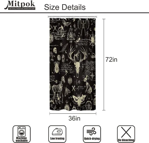 Miniatura 4 de Black Gothic Small Stall Shower Curtain 36Wx72H RV Spooky Skull Skeleton Spooky Funny Animal Western Moth Moon Bone Mystic Leaves Bathroom Decor