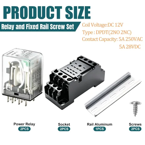 Miniatura 2 de mxuteuk 2 piezas HH54P DC 12V Bobina de 14 pines 3A 4PDT Relé de alimentación electromagnético con indicador LED, con base, con riel DIN de aluminio