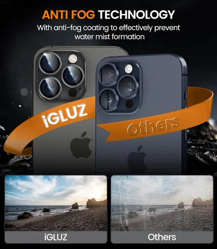 Miniatura 7 de iGluz Paquete de 2 protectores de lente de cámara antirreflejos para iPhone 15 Pro/15 Pro Max, vidrio templado ultrafino antivaho con bandeja