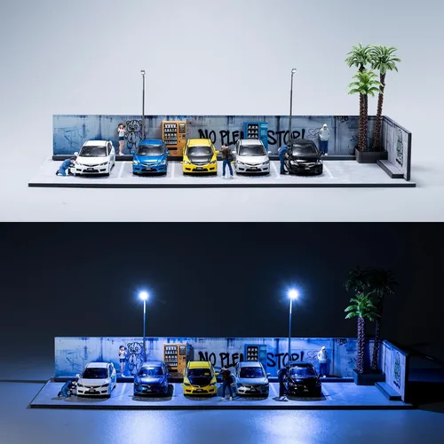 Miniatura 8 de Vitrina de 1/64, vitrina Hotwheels con pantalla de 1/64, aparcamiento con pantalla de 1/64 diorama con luces LED, vitrina modelo para 5 espacios