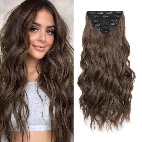 Miniatura 23 de Fliace Extensiones de cabello con clip para mujer, extensiones de cabello ondulado largo de color marrón medio, extensiones de cabello sintético