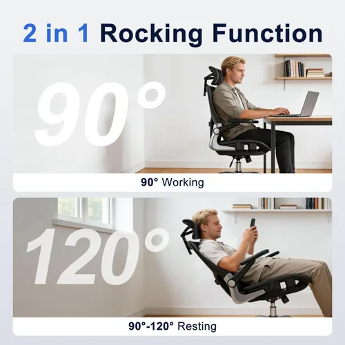Miniatura 8 de marrap Silla de oficina ergonómica, cojín de asiento de malla con reposabrazos 3D y reposacabezas 3D, soporte lumbar ajustable con función de Negro