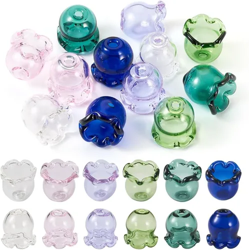 Miniatura 40 de FASHEWELRY 10 piezas Tapas de Flores de Vidrio Hechas a Mano Cuentas Florales de Cristal Transparentes en Forma de Trompeta Espaciadores de Flores a