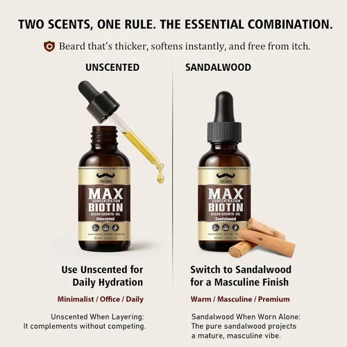 Miniatura 6 de Biotin - Juego de 2 aceites para barba sin perfume y sándalo mezclado con aceite de ricino y semillas de uva para una barba más gruesa, suave e