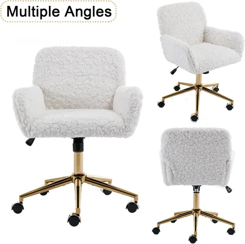 Miniatura 6 de SSLine Silla de escritorio de piel sintética, moderna y bonita silla de oficina, cómoda silla giratoria de tela de peluche mullida con ruedas
