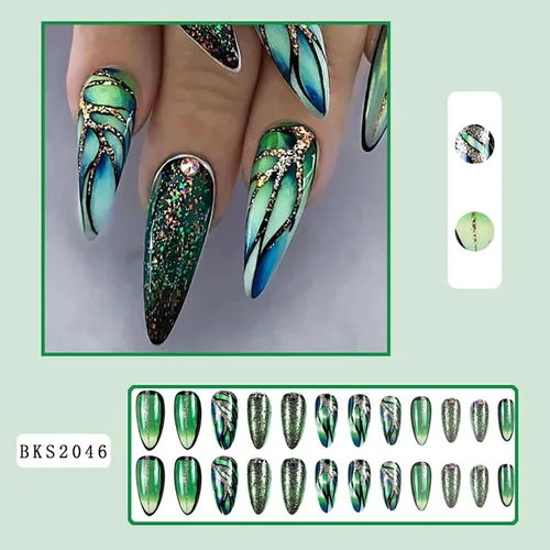 Miniatura 5 de Uñas acrílicas artificiales de punta francesa verde – Forma de almendra de longitud media con diseño de diamantes de imitación 3D de lámina dorada