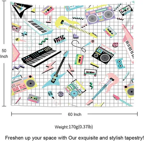 Miniatura 4 de Suklly Tapiz para colgar en la pared, música retro de los años 80 y 90, instrumentos musicales y reproductores de cassette, decoración del hogar