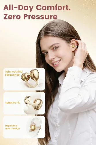 Miniatura 3 de Auriculares con clip de oreja abierta, auriculares inalámbricos Bluetooth 6.0 con espejo de maquillaje, luz LED, tiempo de reproducción de 50 horas