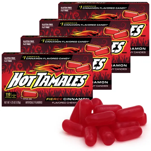 Hot Tamales - Caramelos feroces de canela, paquete de 4, 4.25 onzas cada uno, ideal para los amantes de los dulces y fanáticos de los tamales