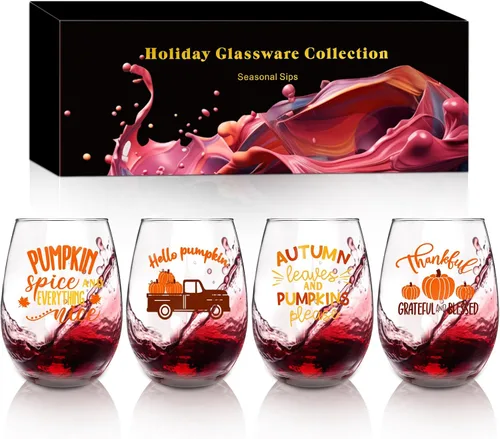 Miniatura 6 de CNVOILA Juego de Vasos de Vino de Acción de Gracias: Vasos y Tazas sin Tallo de 18oz para Decoración y Adornos de Otoño de Acción de Gracias, Tazas