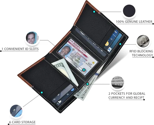 Miniatura 3 de Carteras RFID delgadas para hombre billetera triple con bolsillo frontal de cuero genuino Cartera RFID