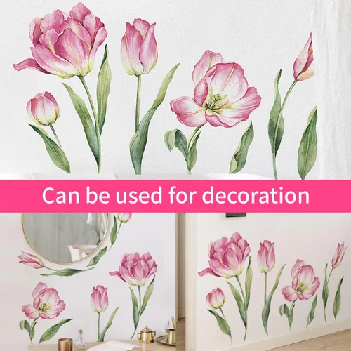 Miniatura 3 de 2 hojas de calcomanías de pared de flores rosas grandes, tulipán, flores, flores, jardín, hojas verdes, plantas, vinilo, bricolaje, decoración