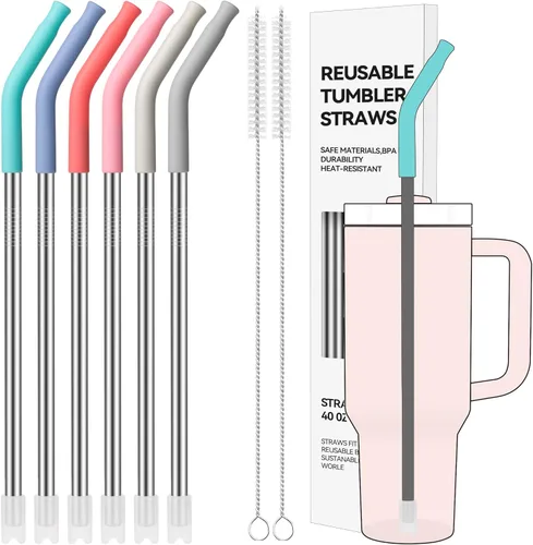 Miniatura 22 de Pajitas de Metal Rectas de 40 oz para Vaso Stanley de 40 oz, 6 Piezas Pajitas de Metal Reutilizables de Acero Inoxidable para Beber con Puntas de 2