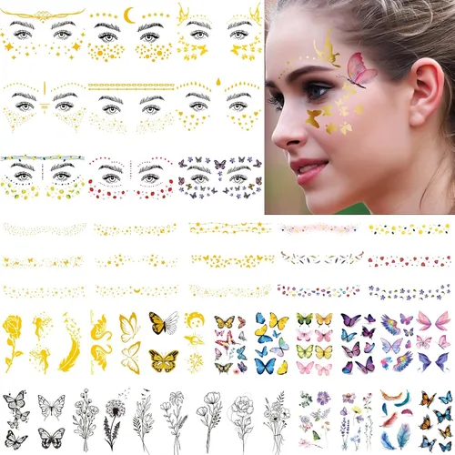 54 hojas de tatuajes faciales de pecas doradas con purpurina, más de 150 piezas de pegatinas temporales de Halloween con purpurina, pecas brillantes