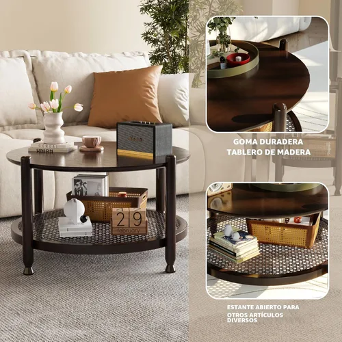 Miniatura 5 de NSdirect Mesa auxiliar redonda de 32 pulgadas para sala de estar, mesa central de madera maciza de 2 niveles para decoración del hogar con estante