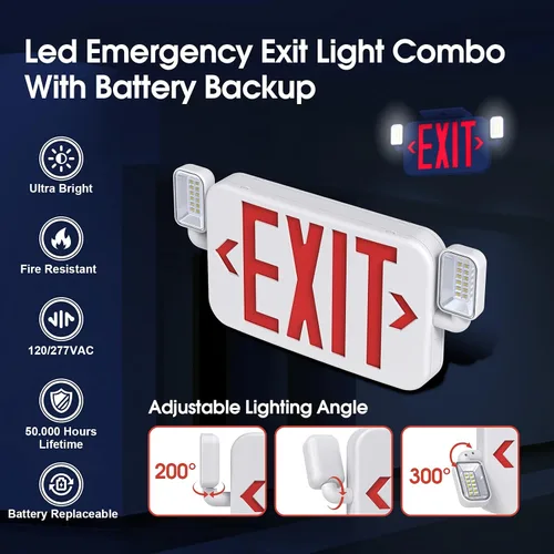 Miniatura 2 de Combo de luz LED de salida de emergencia con dos luces principales ajustables y batería de respaldo, iluminación de salida de emergencia comercial