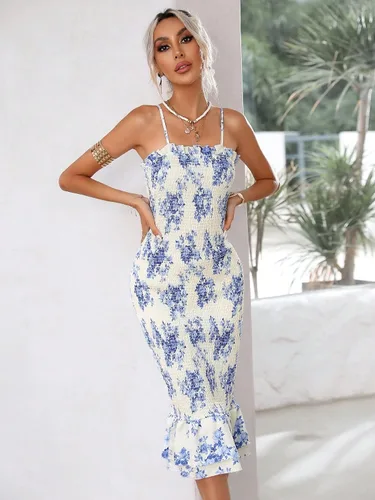 Miniatura 4 de Floerns Vestido de tirantes sin mangas con estampado floral elegante y dobladillo con volantes para mujer