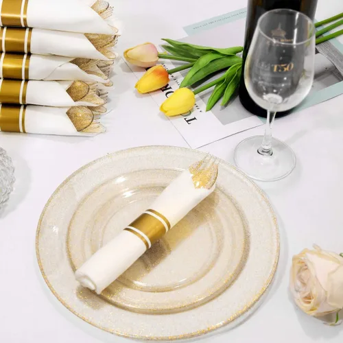 Miniatura 3 de DaYammi Juego de vajilla de 350 piezas con purpurina dorada, 50 platos de oro desechables para invitados, 50 platos llanos, 50 platos de postre, 50