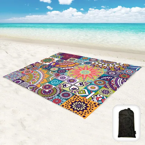 Miniatura 11 de Manta de playa impermeable a prueba de arena, de gran tamaño de 95 x 80 pulgadas, tapete de playa sin arena con bolsillos en las esquinas, bolsa