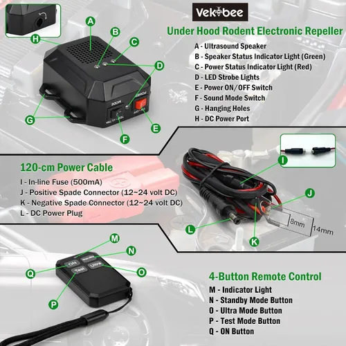 Miniatura 4 de Repelente ultrasónico de roedores para motores de automóvil, disuasorio ultrasónico cableado de 12V 24V para ratones y ratas con luces