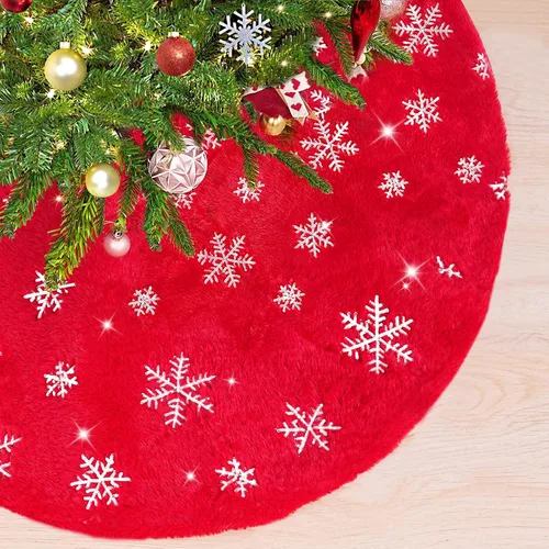 Miniatura 15 de Falda de árbol pequeña de 24 pulgadas, falda de árbol de piel sintética blanca de Navidad de 4 pies, mini copos de nieve de lentejuelas doradas