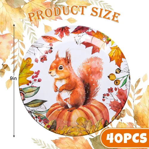 Miniatura 2 de Whaline 40 platos de papel de otoño de 9 pulgadas, platos desechables de calabaza naranja, ardilla, cosecha de otoño para Acción de Gracias, fiesta