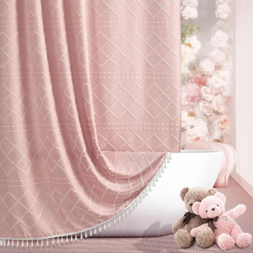 Miniatura 44 de Siiluminisoy Cortina de ducha bohemia rosa con textura y borlas de 72 x 72 pulgadas con tul, cortina de ducha de chenilla tejida con rayas chevrón