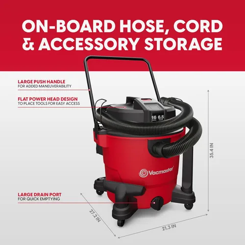 Miniatura 7 de Vacmaster 16-Gallones 6.5 HP Pico† Aspiradora para Seco/Húmedo – VJH1612PF 1101, Rojo