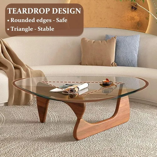 Miniatura 6 de Mesa de Centro Triangular con Base de Madera, Superficie de Vidrio Transparente, Mesa de Vidrio de Mediados de Siglo, Mesa Auxiliar Abstracta
