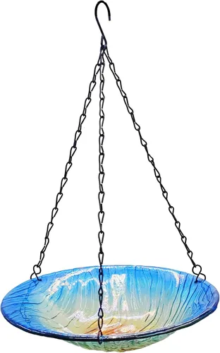 Baño colgante para pájaros, de cristal al aire libre, comedero para pájaros con patrón de textura azul-naranja para decoración de jardín y patio