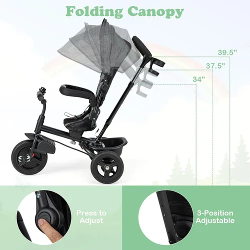 Miniatura 5 de HONEY JOY Triciclo, cochecito 6 en 1 para niños con asa de empuje ajustable y toldo, asiento reversible, cinturón de seguridad, pedal plegable, Gris